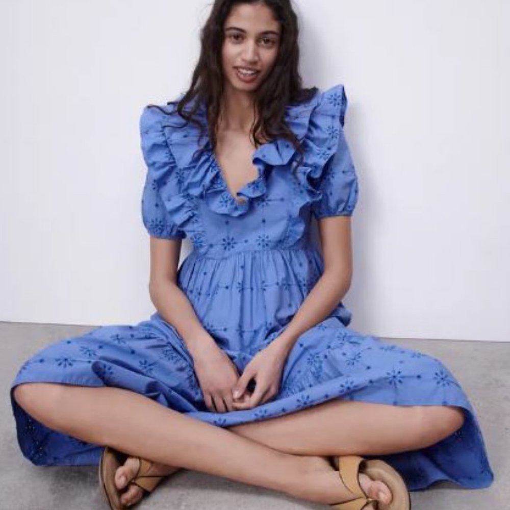 Zara Openwork Embroidered Dress Blue XL NWT